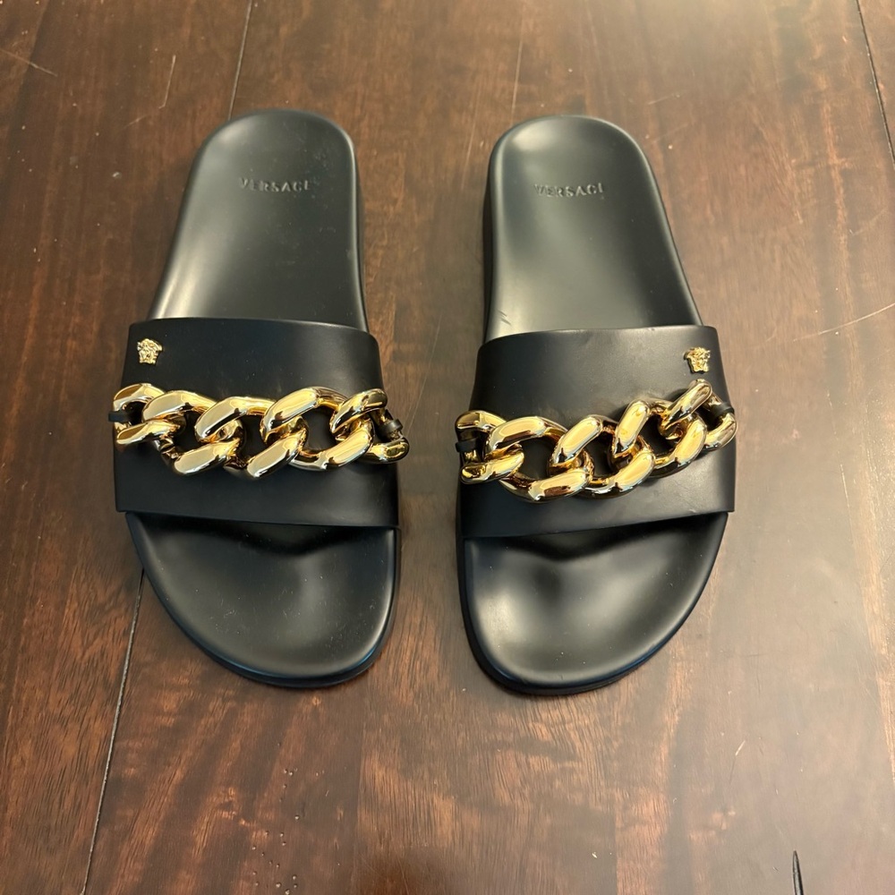 Versace Black and Gold Chain Slide Sandals